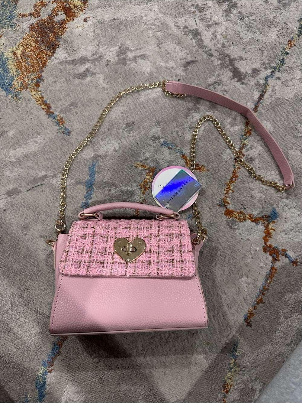 Source Unknown Pink Tweed & Pebbled Leather Crossbody with Gold Heart Lock